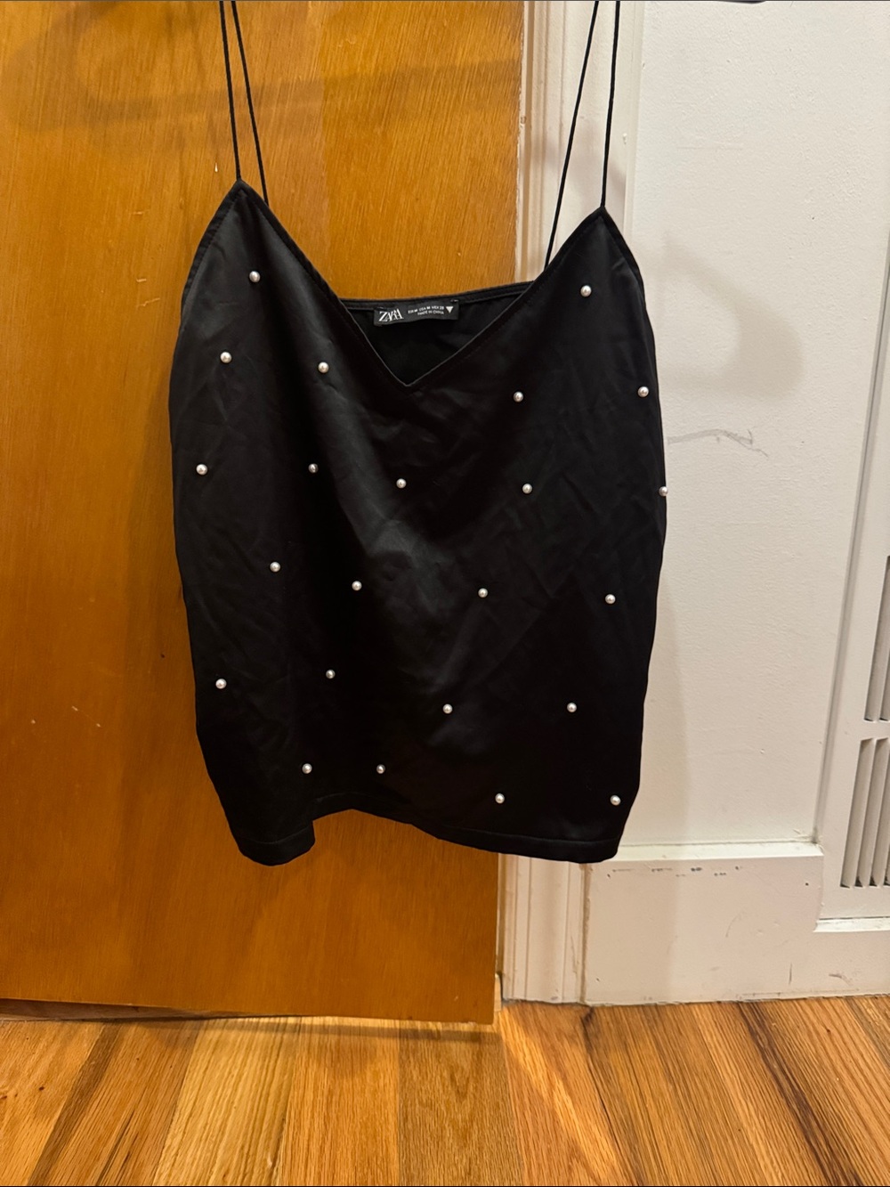 Zara Black Pearl-Studded Spaghetti Strap Cami
